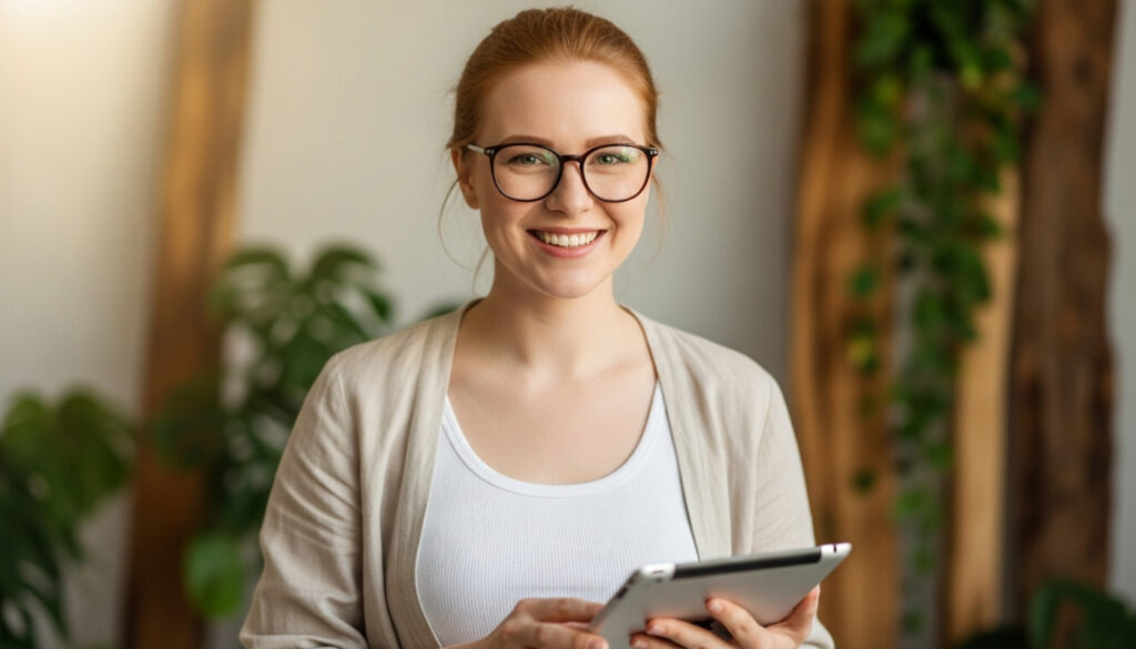 Mulher sorridente usando tablet em ambiente acolhedor, representando a hospitalidade moderna com conforto e sustentabilidade.
