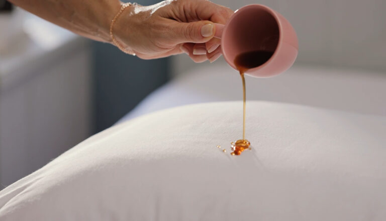 Mão derramando café sobre um colchão branco, demonstrando a impermeabilidade do protetor de colchão Conamore.