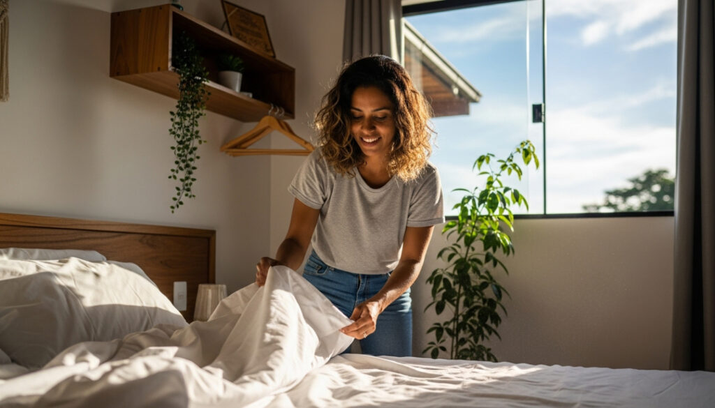 Pessoa arrumando a cama em quarto iluminado, representando uma hospedagem organizada e com enxoval sempre pronto.
