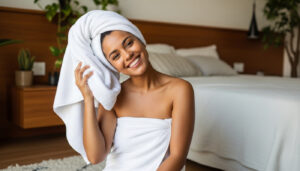 Mulher sorrindo sentada em suíte, envolta em toalha branca e secando o cabelo, ilustrando conforto e qualidade das toalhas na hospedagem.