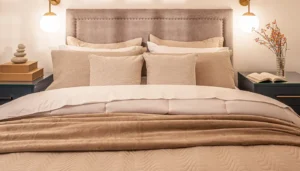 Cobertor de microfibra em cama de hotel organizada com tons neutros e ambiente acolhedor para hospedagem